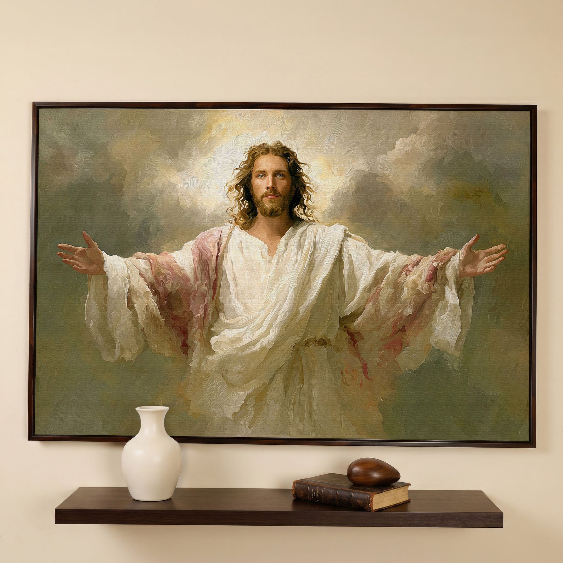 Jesus with Open Arms Canvas Wall Art, Risen Christ Painting in dark walnut floating frame