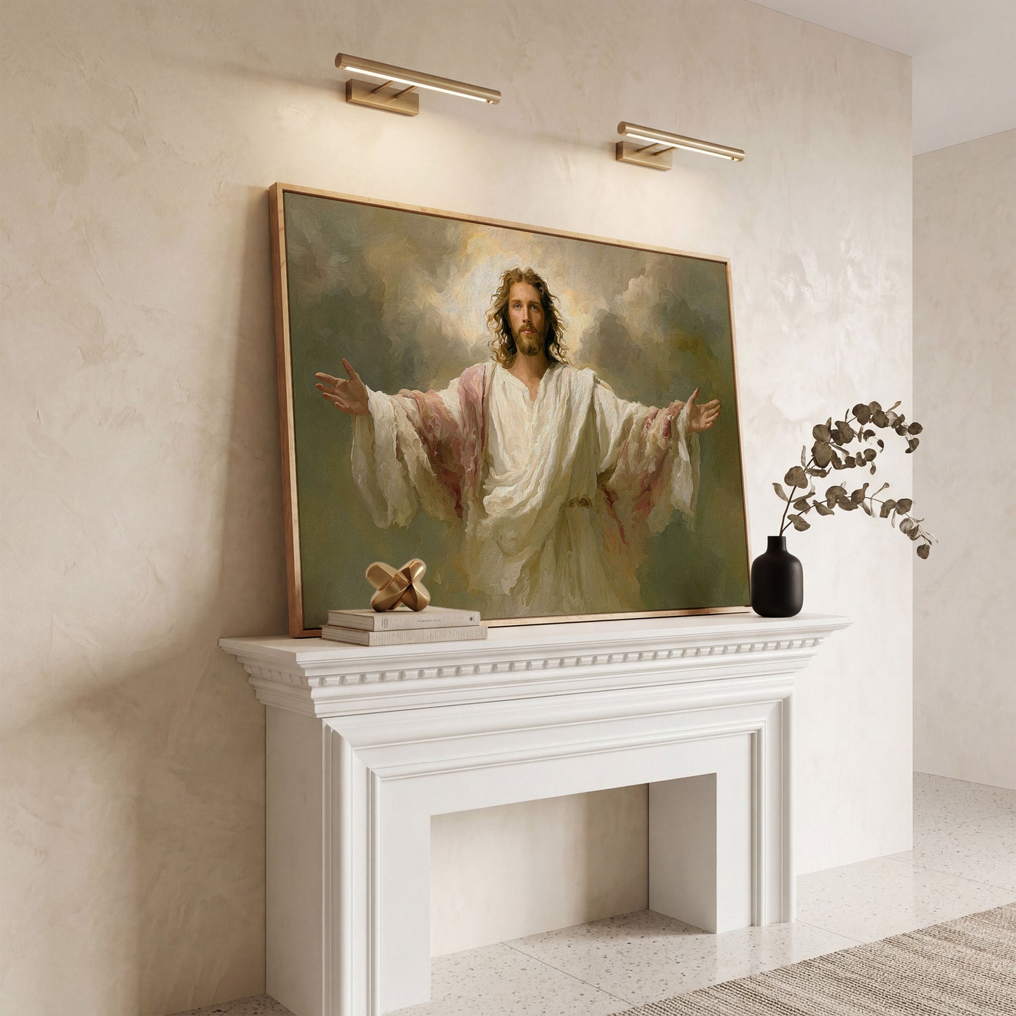 Jesus with Open Arms Canvas Wall Art, Risen Christ Painting in white oak floating frame