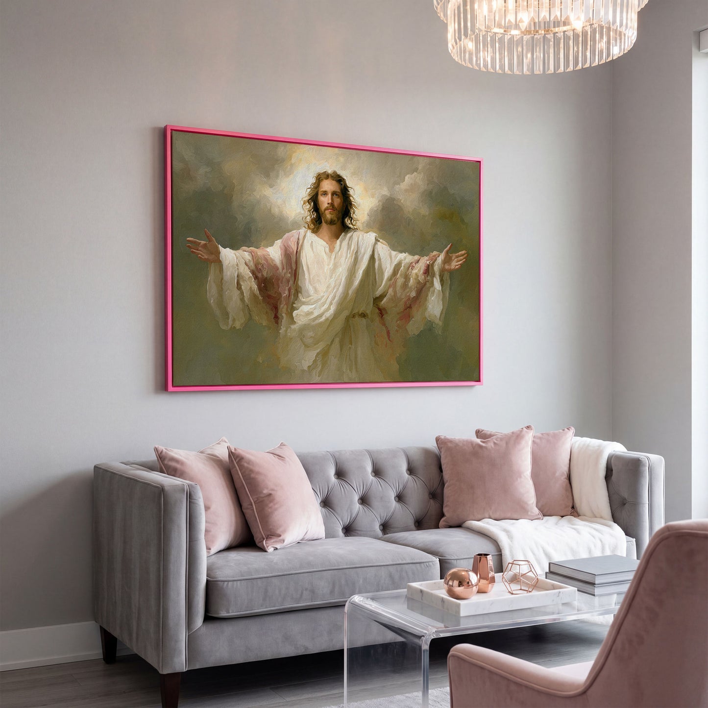 Jesus with Open Arms Canvas Wall Art, Risen Christ Painting in pink floating frame
