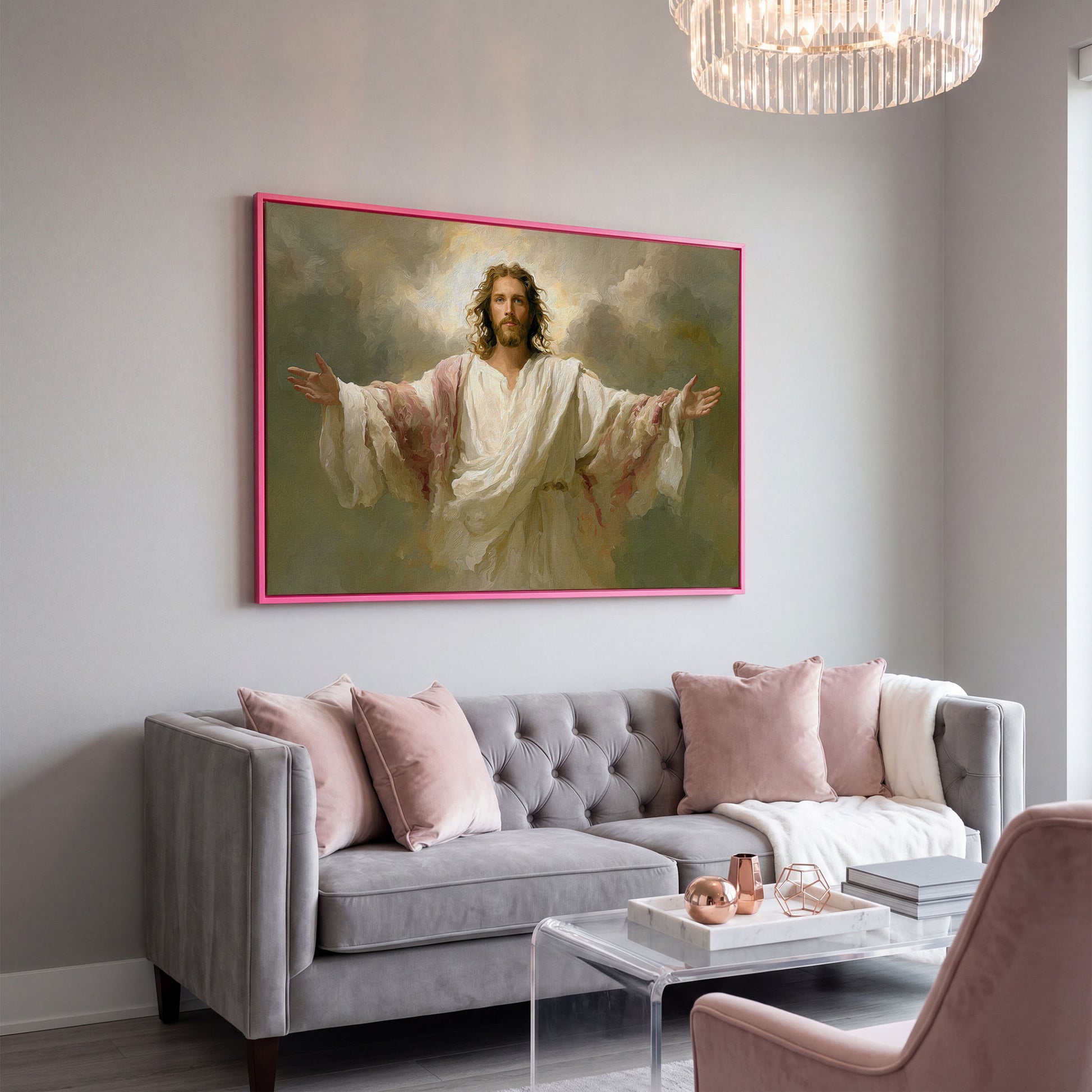 Jesus with Open Arms Canvas Wall Art, Risen Christ Painting in pink floating frame