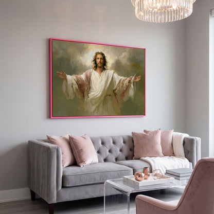 Jesus with Open Arms Canvas Wall Art, Risen Christ Painting in pink floating frame