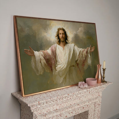 Jesus with Open Arms Canvas Wall Art, Risen Christ Painting in rose gold floating frame
