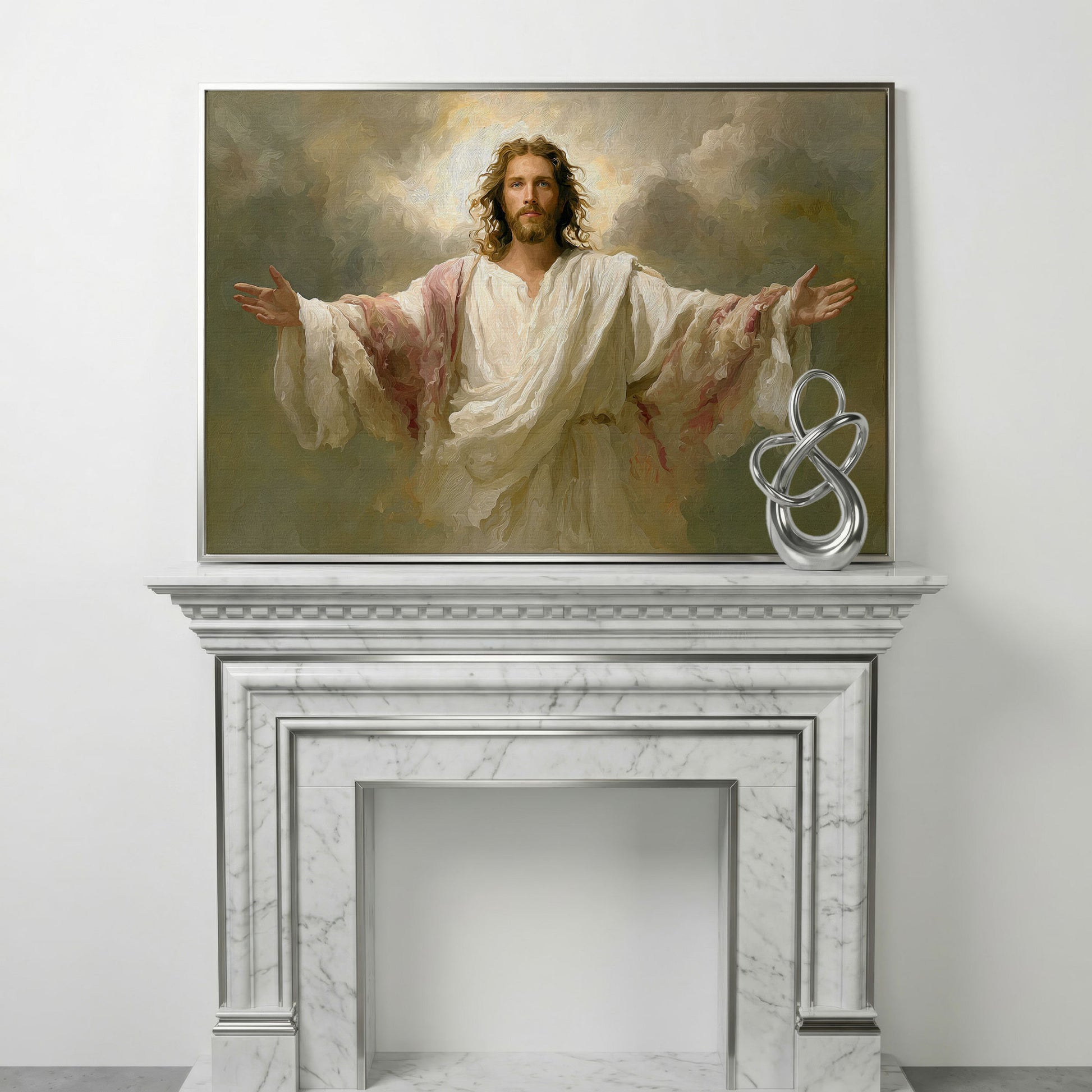 Jesus with Open Arms Canvas Wall Art, Risen Christ Painting in silver floating frame
