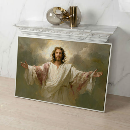 Jesus with Open Arms Canvas Wall Art, Risen Christ Painting in white floating frame