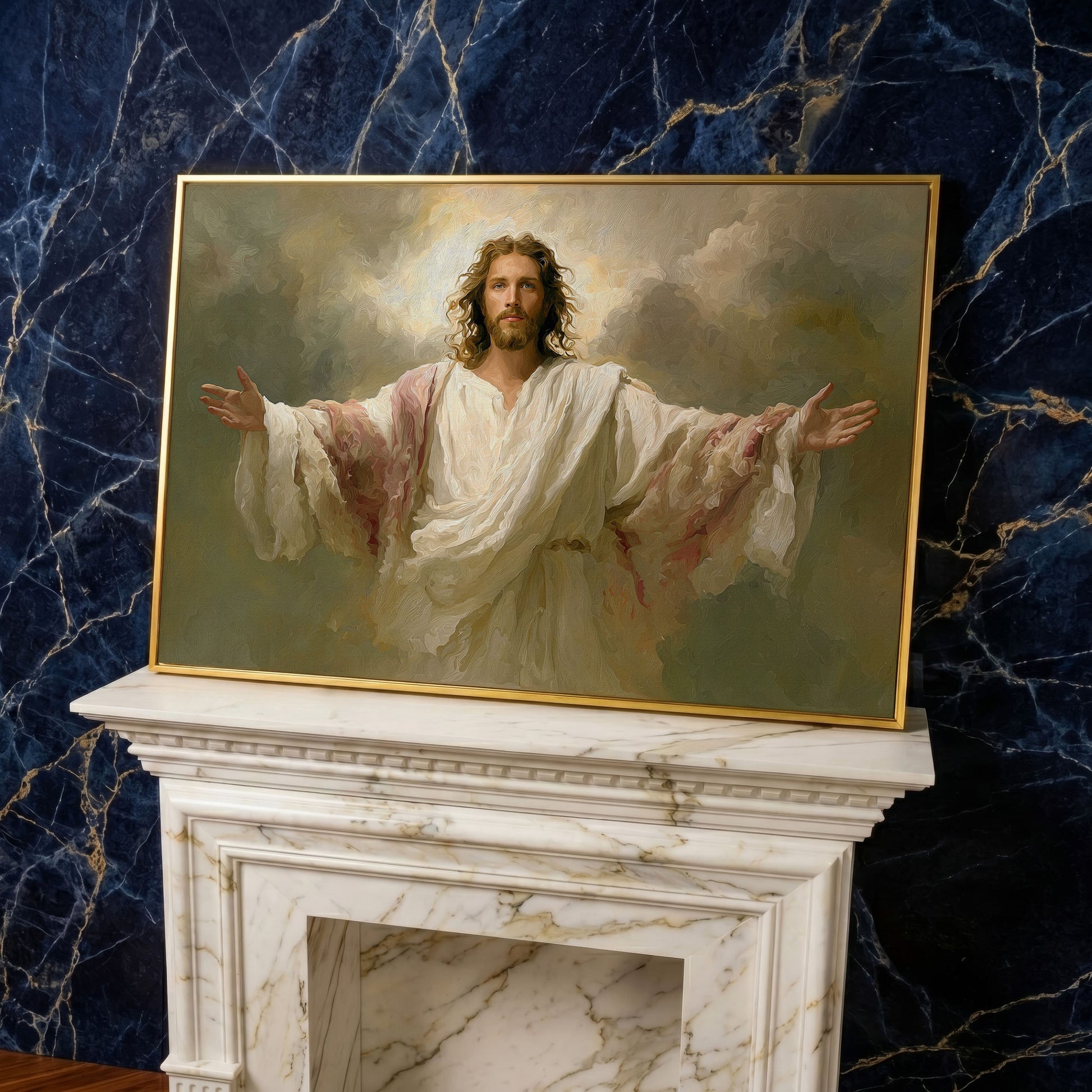 Jesus with Open Arms Canvas Wall Art, Risen Christ Painting in yellow gold floating frame