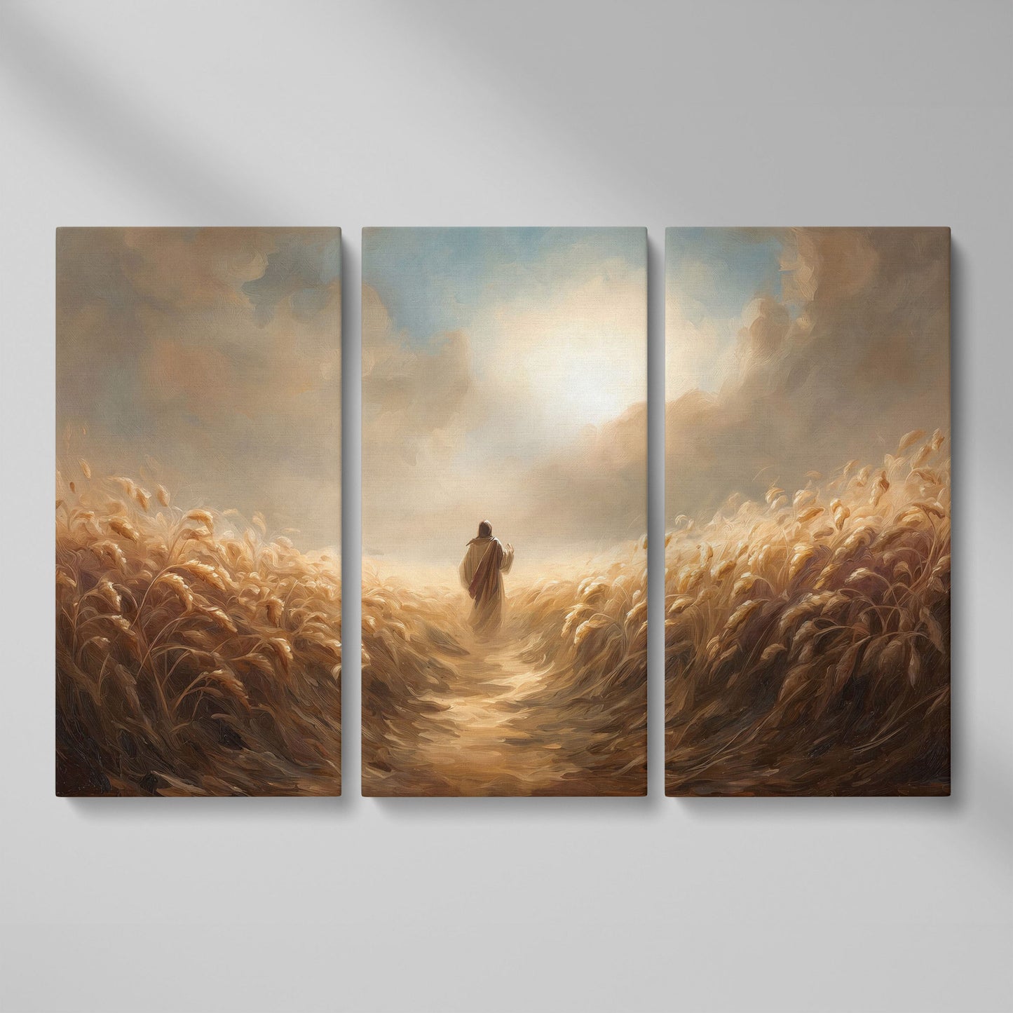 Jesus Walking Through a Wheat Field Canvas Wall Art as 3-panel split version