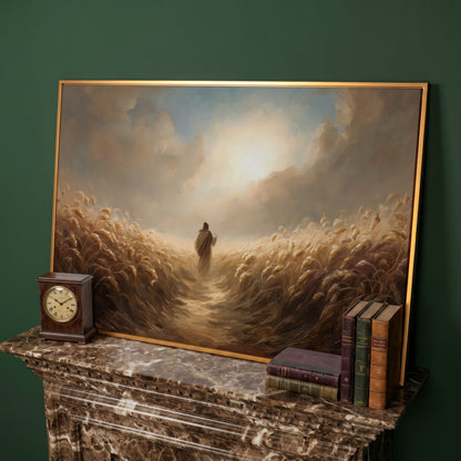 Jesus Walking Through a Wheat Field Canvas Wall Art in antique gold floating frame