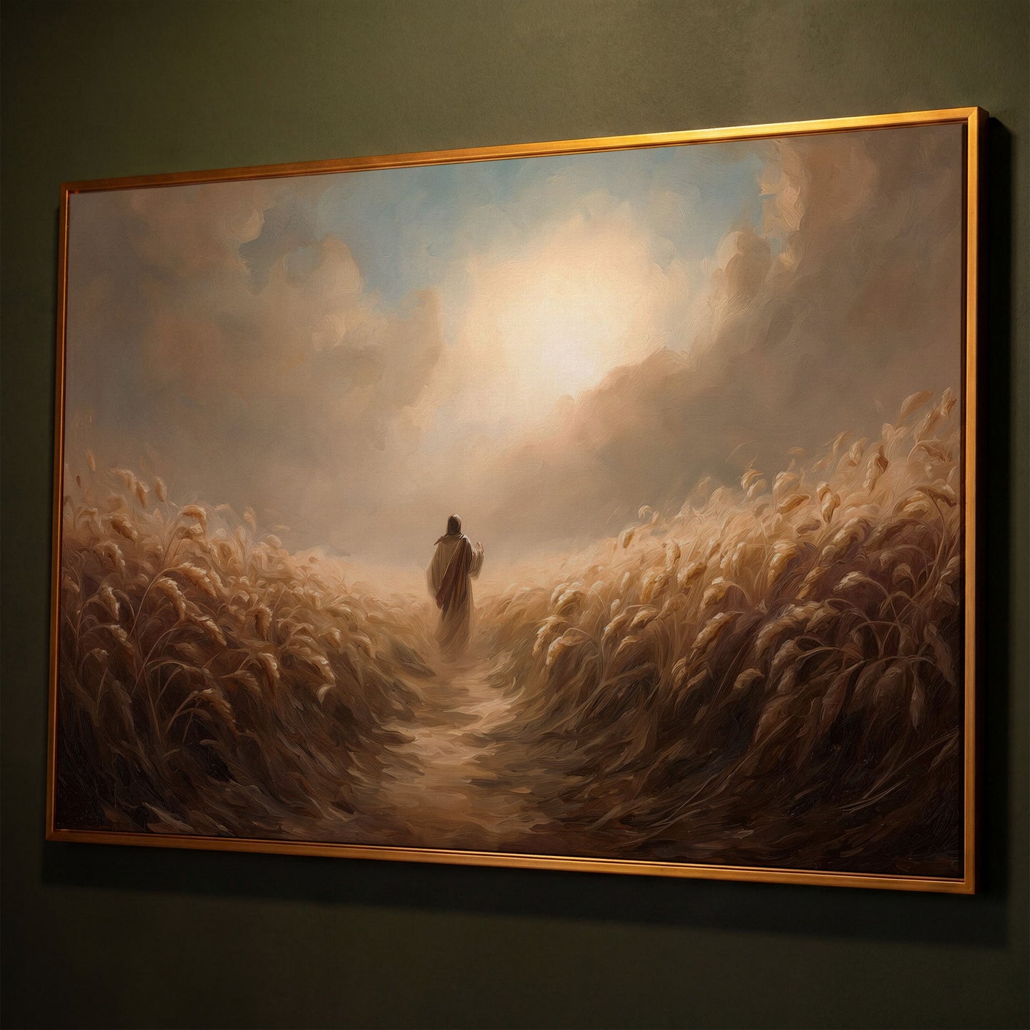 Jesus Walking Through a Wheat Field Canvas Wall Art shown in antique gold floating frame