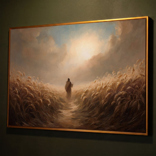 Jesus Walking Through a Wheat Field Canvas Wall Art shown in antique gold floating frame