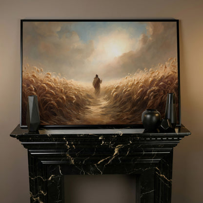 Jesus Walking Through a Wheat Field Canvas Wall Art in black floating frame