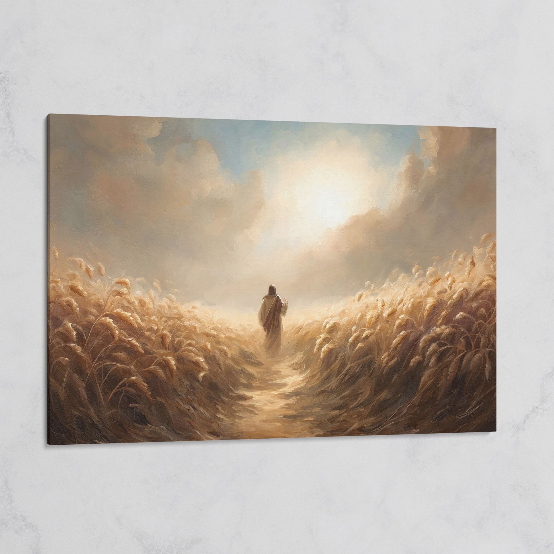 Jesus Walking Through a Wheat Field Canvas Wall Art on gallery wrap