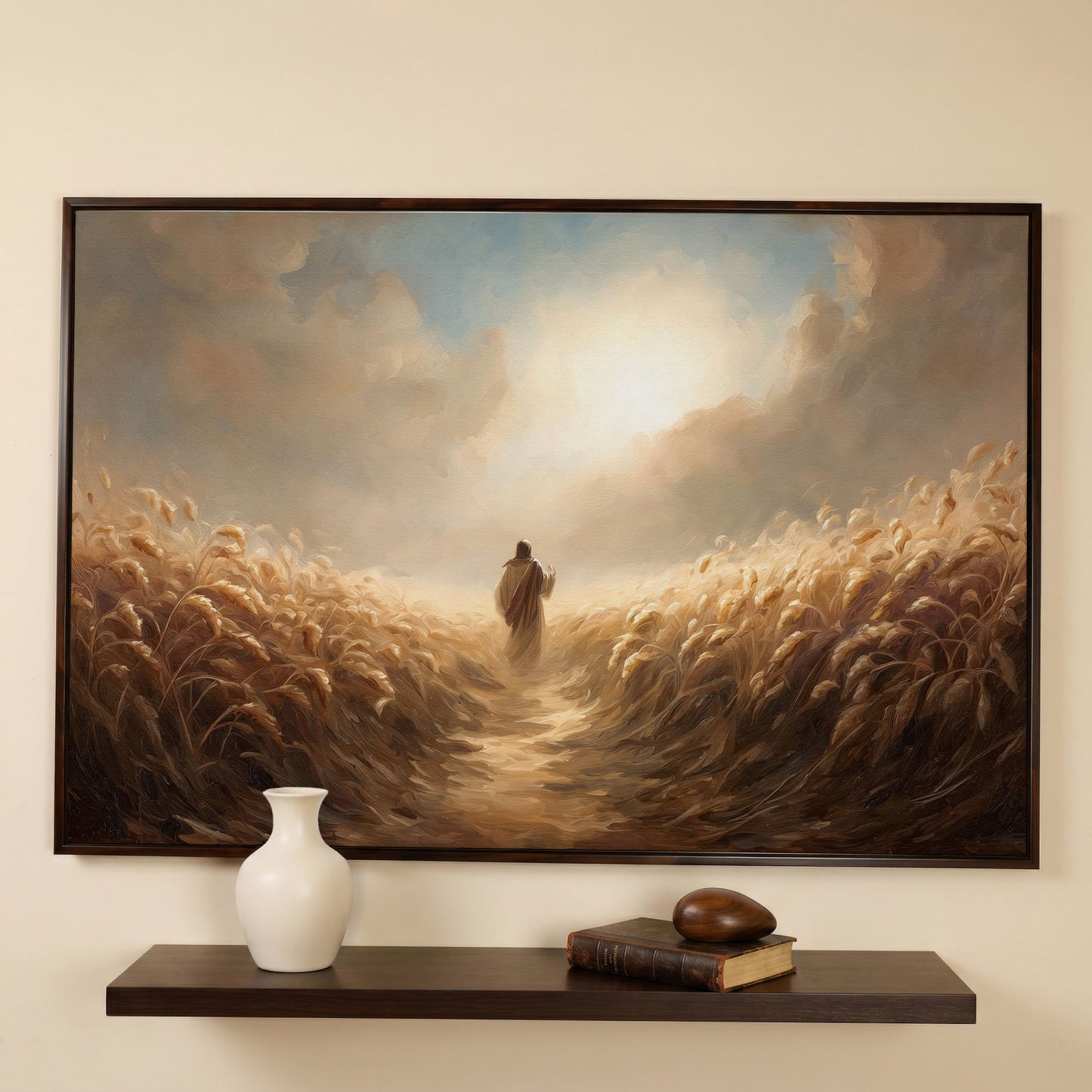 Jesus Walking Through a Wheat Field Canvas Wall Art in dark walnut floating frame