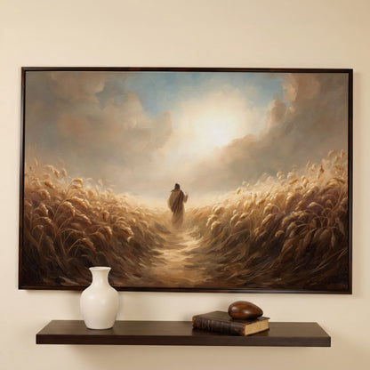 Jesus Walking Through a Wheat Field Canvas Wall Art in dark walnut floating frame