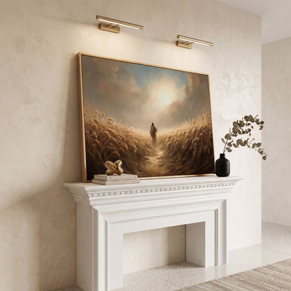 Jesus Walking Through a Wheat Field Canvas Wall Art in white oak floating frame
