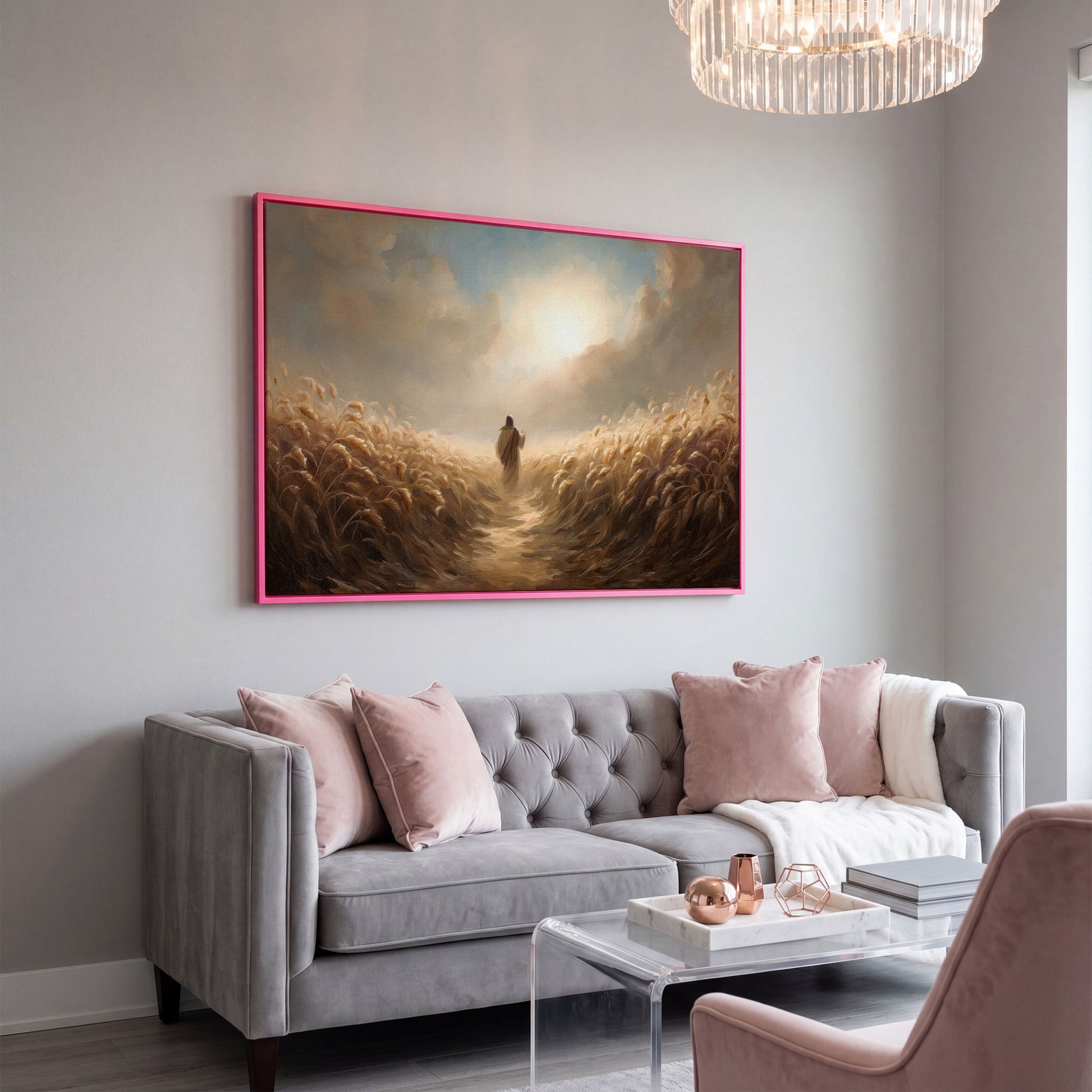 Jesus Walking Through a Wheat Field Canvas Wall Art in pink floating frame