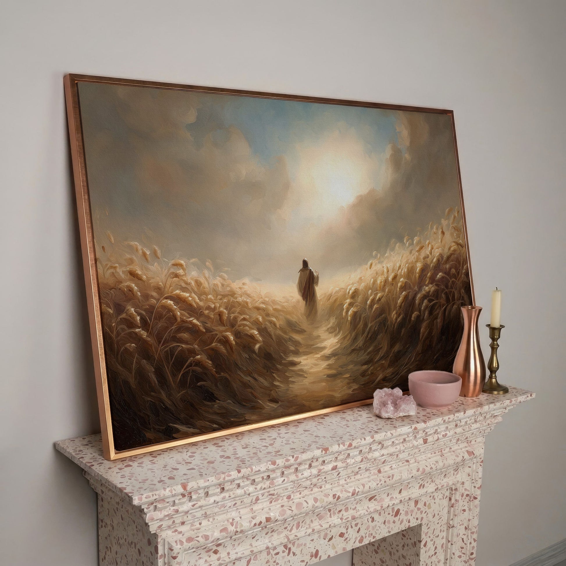 Jesus Walking Through a Wheat Field Canvas Wall Art in rose gold floating frame