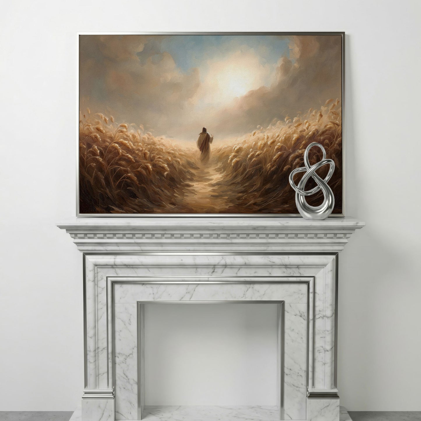 Jesus Walking Through a Wheat Field Canvas Wall Art in silver floating frame