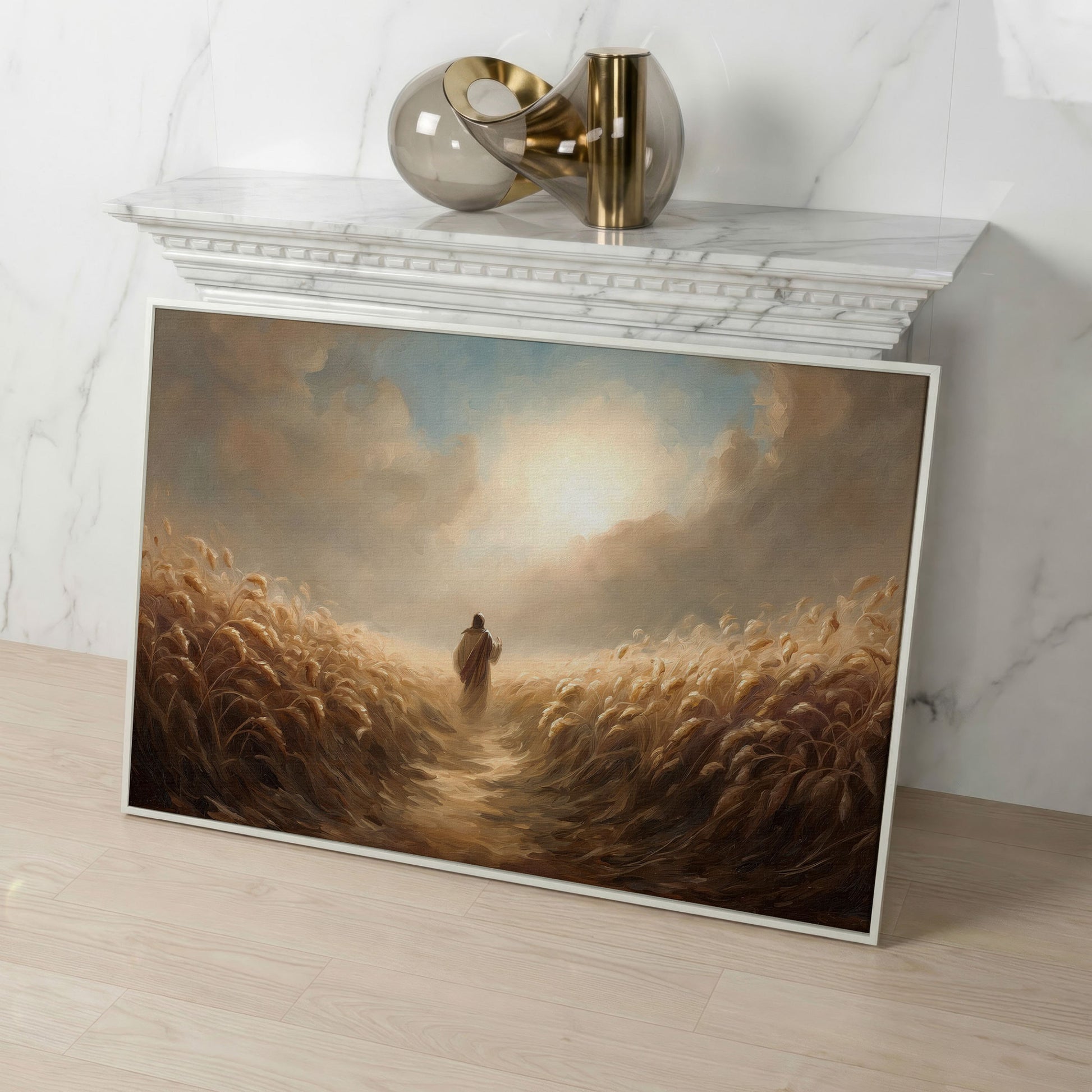 Jesus Walking Through a Wheat Field Canvas Wall Art in white floating frame