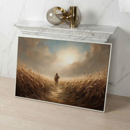 Jesus Walking Through a Wheat Field Canvas Wall Art in white floating frame
