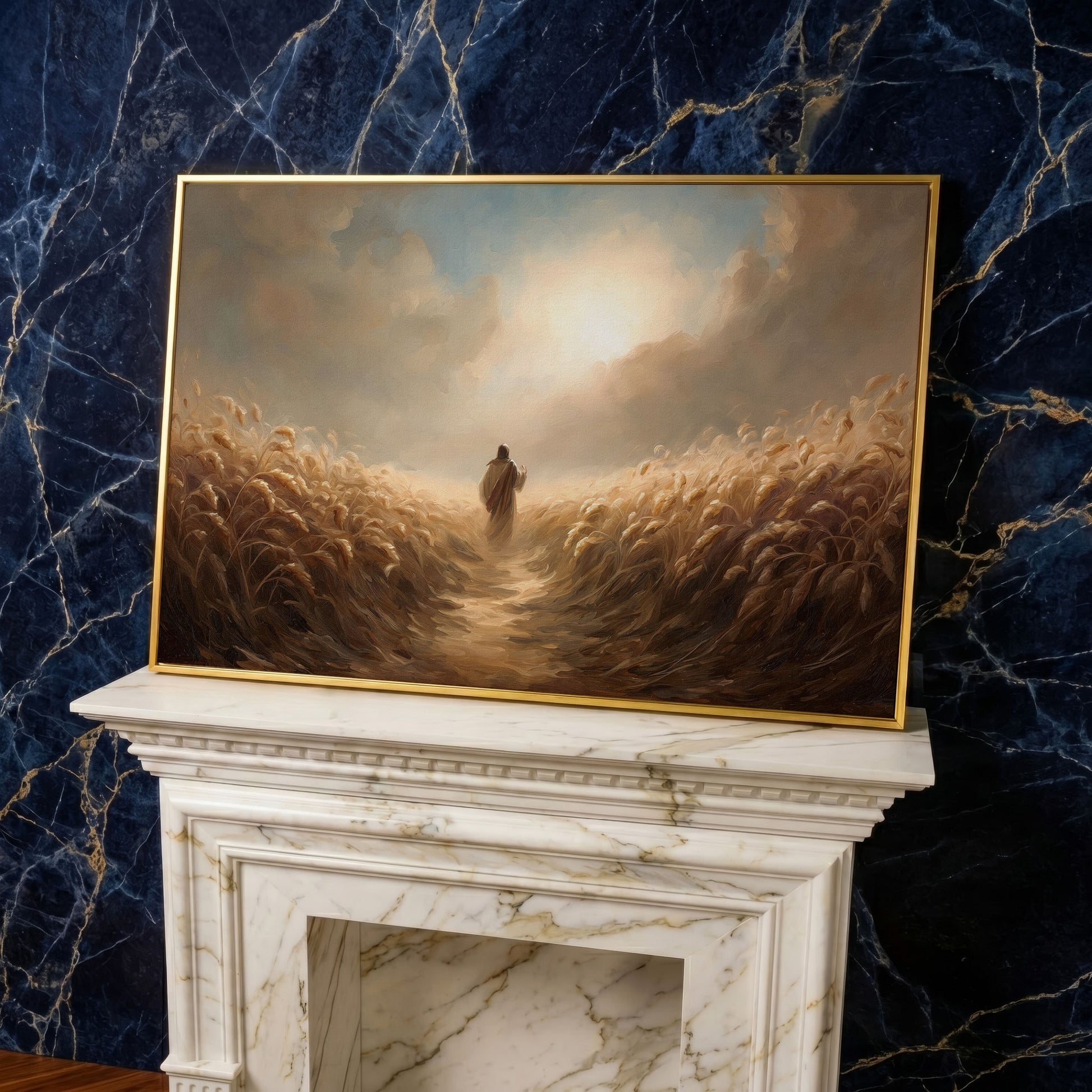 Jesus Walking Through a Wheat Field Canvas Wall Art in yellow gold floating frame