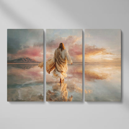 Jesus Walking on Water Canvas Art, Sunset Landscape View from Behind as 3-panel split version