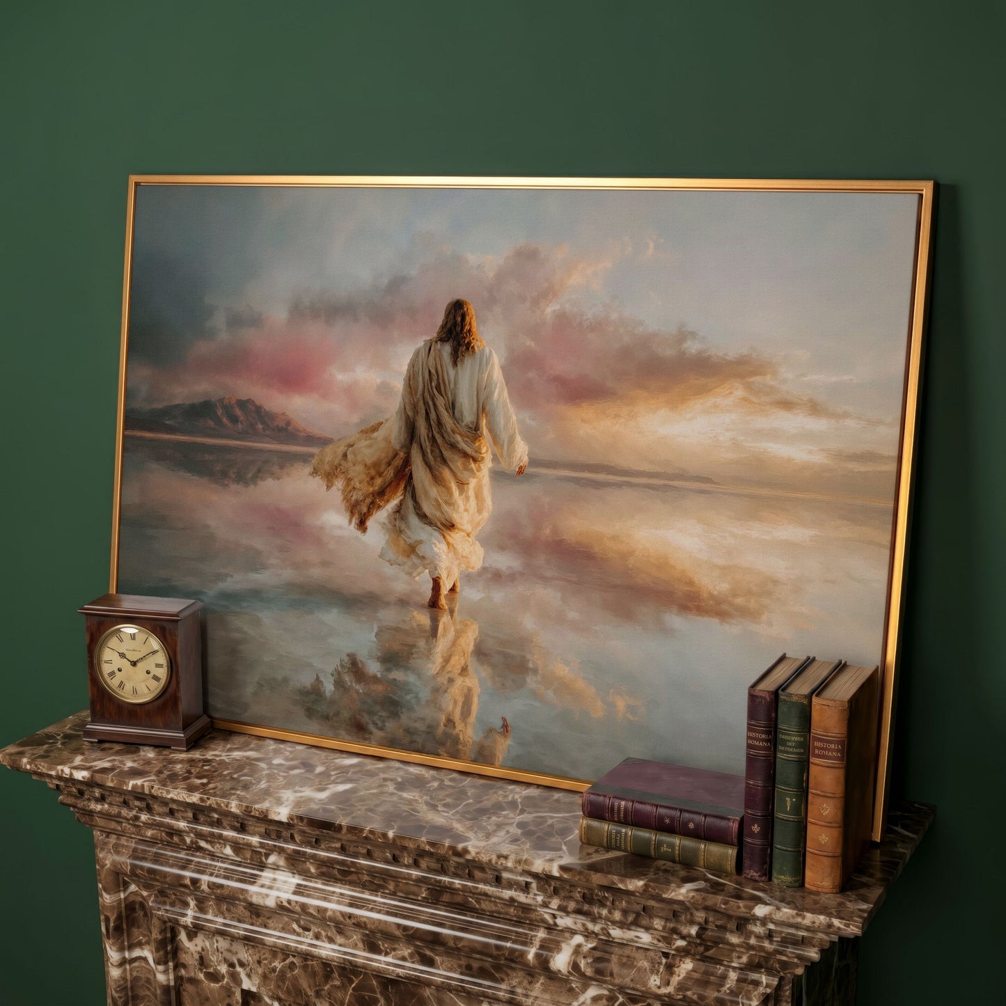 Jesus Walking on Water Canvas Art, Sunset Landscape View from Behind in antique gold floating frame
