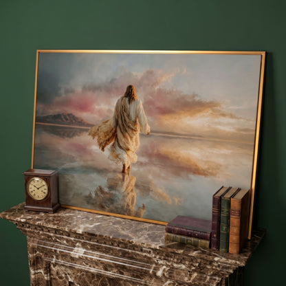 Jesus Walking on Water Canvas Art, Sunset Landscape View from Behind in antique gold floating frame