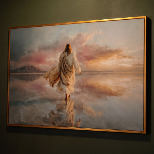 Jesus Walking on Water Canvas Art, Sunset Landscape View from Behind shown in antique gold floating frame
