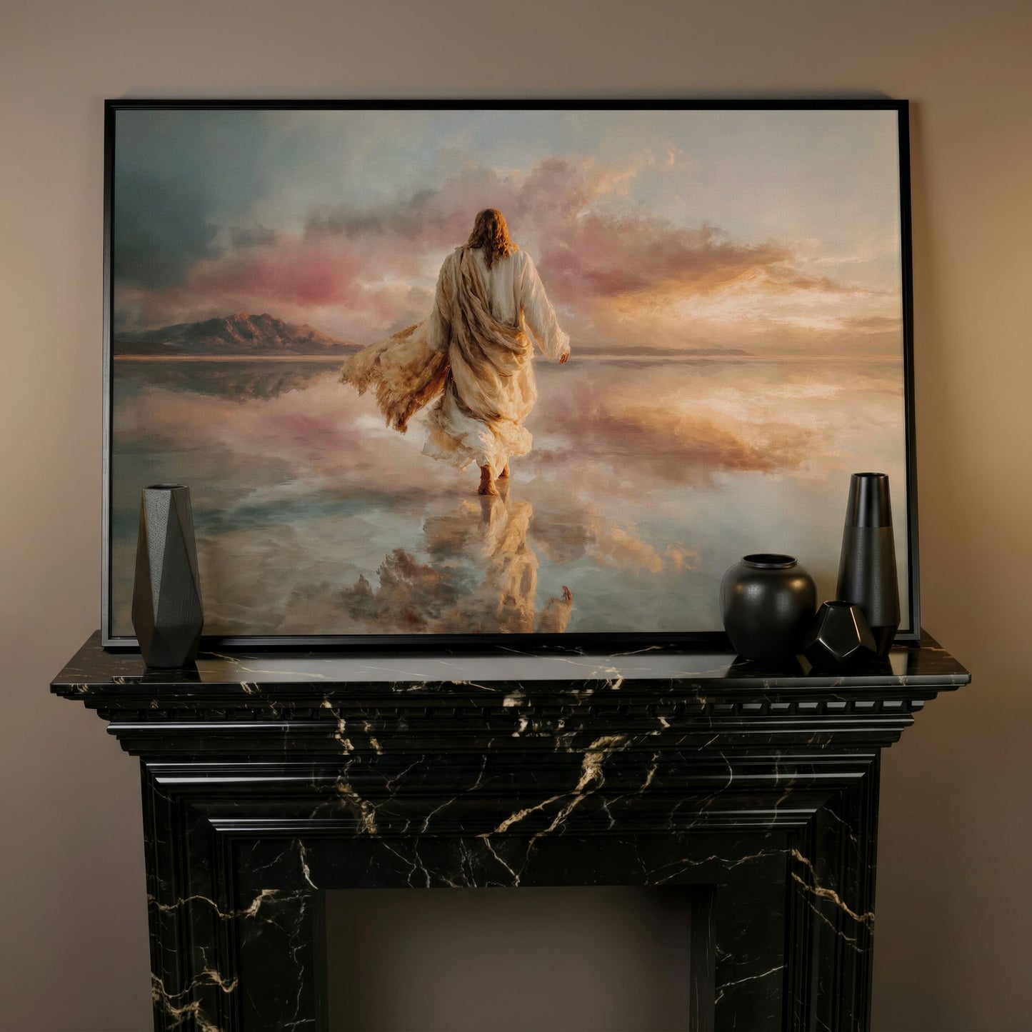 Jesus Walking on Water Canvas Art, Sunset Landscape View from Behind in black floating frame
