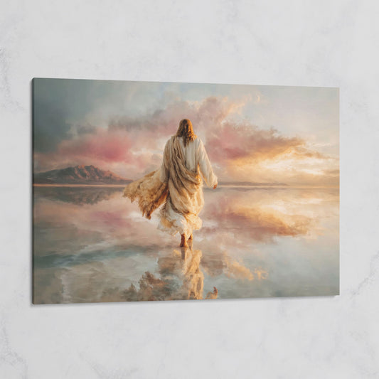 Jesus Walking on Water Canvas Art, Sunset Landscape View from Behind on gallery wrap