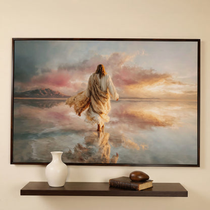 Jesus Walking on Water Canvas Art, Sunset Landscape View from Behind in dark walnut floating frame
