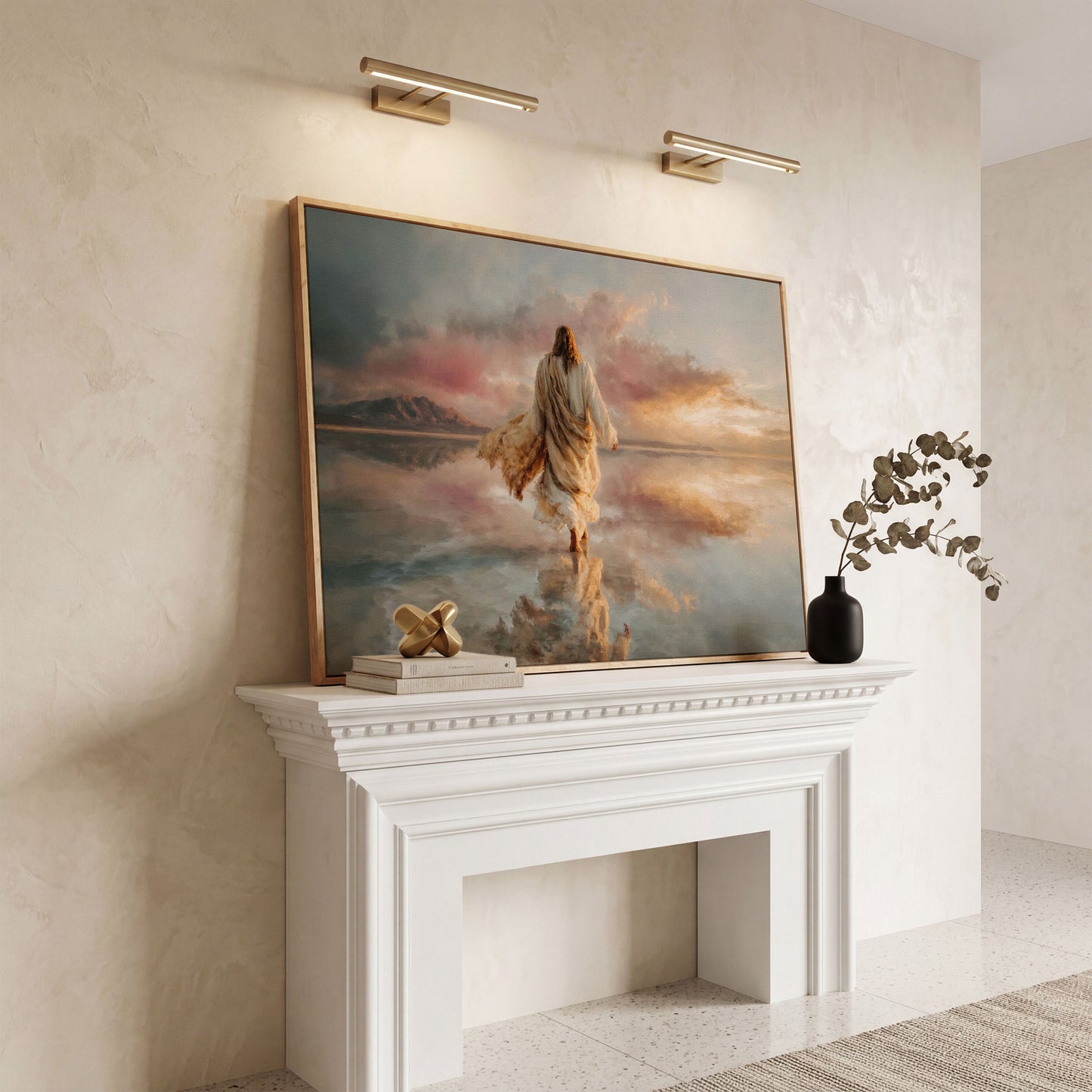Jesus Walking on Water Canvas Art, Sunset Landscape View from Behind in white oak floating frame