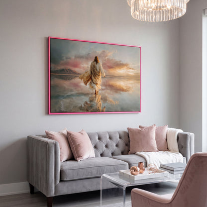 Jesus Walking on Water Canvas Art, Sunset Landscape View from Behind in pink floating frame