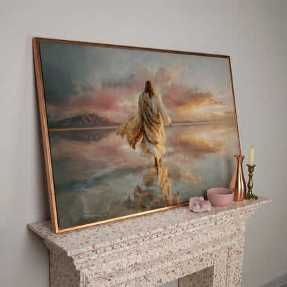 Jesus Walking on Water Canvas Art, Sunset Landscape View from Behind in rose gold floating frame