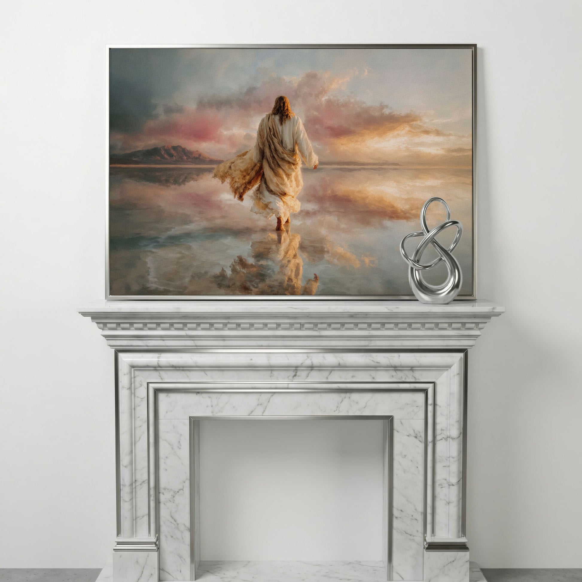 Jesus Walking on Water Canvas Art, Sunset Landscape View from Behind in silver floating frame