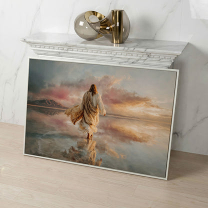 Jesus Walking on Water Canvas Art, Sunset Landscape View from Behind in white floating frame