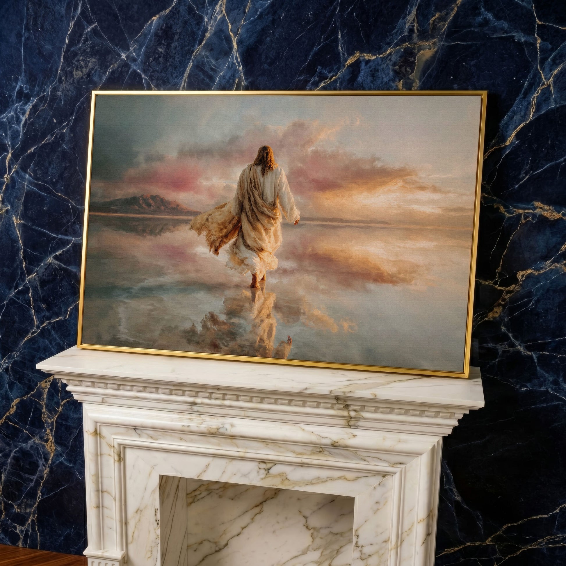Jesus Walking on Water Canvas Art, Sunset Landscape View from Behind in yellow gold floating frame