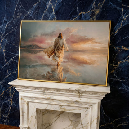 Jesus Walking on Water Canvas Art, Sunset Landscape View from Behind in yellow gold floating frame