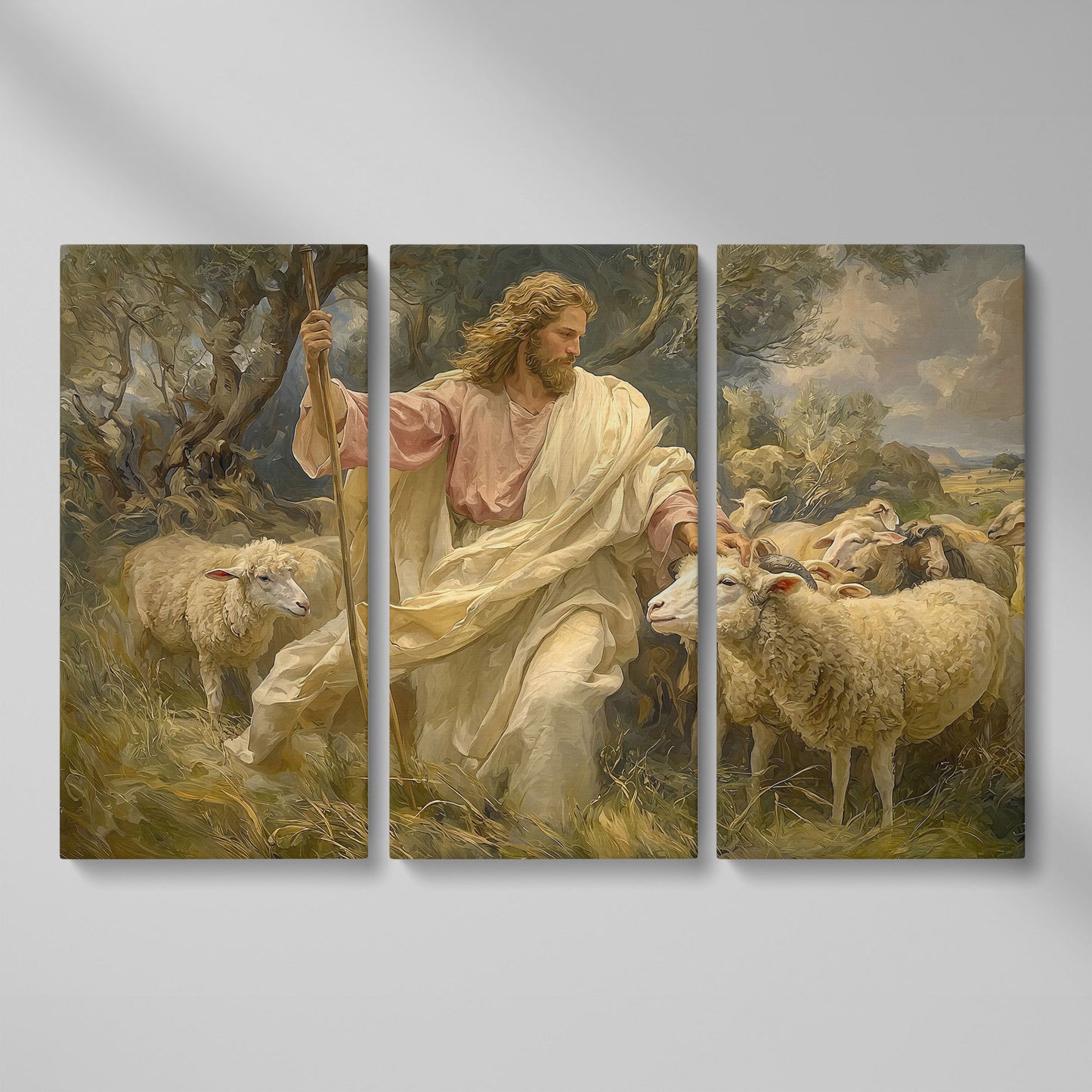 Jesus the Good Shepherd with Sheep, Canvas Wall Art as 3-panel split version
