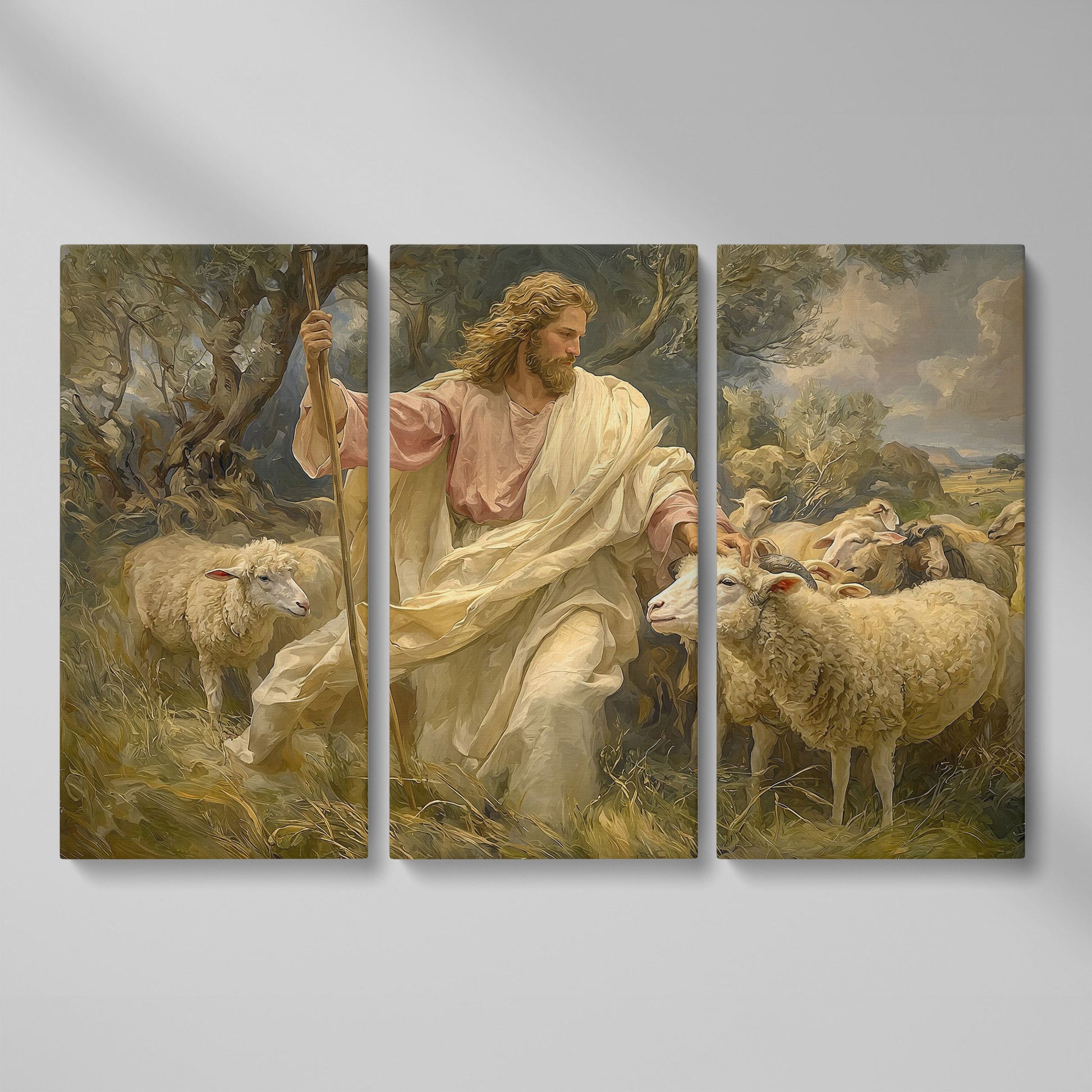 Jesus the Good Shepherd with Sheep, Canvas Wall Art as 3-panel split version