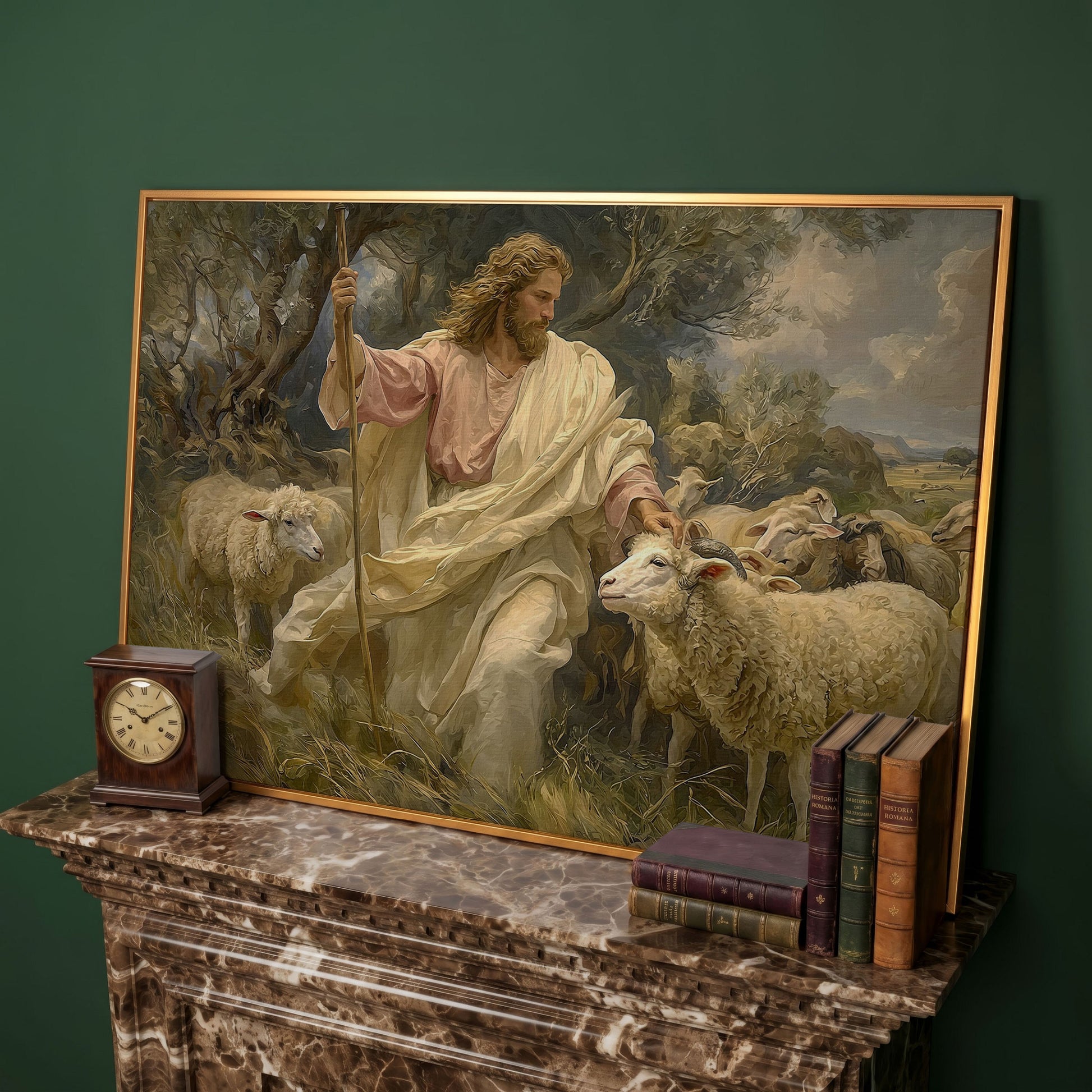 Jesus the Good Shepherd with Sheep, Canvas Wall Art in antique gold floating frame