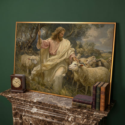 Jesus the Good Shepherd with Sheep, Canvas Wall Art in antique gold floating frame