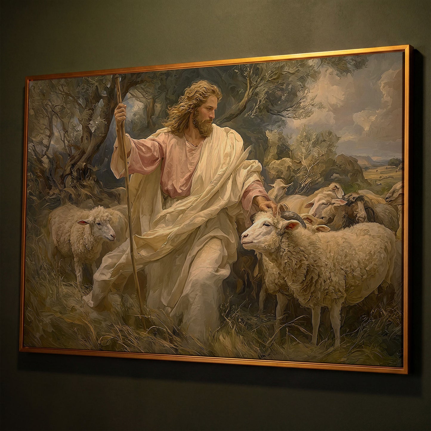 Jesus the Good Shepherd with Sheep, Canvas Wall Art shown in antique gold floating frame