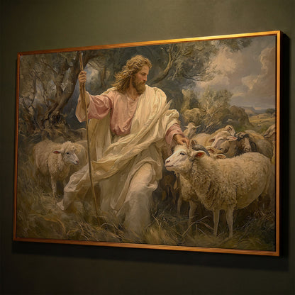 Jesus the Good Shepherd with Sheep, Canvas Wall Art shown in antique gold floating frame