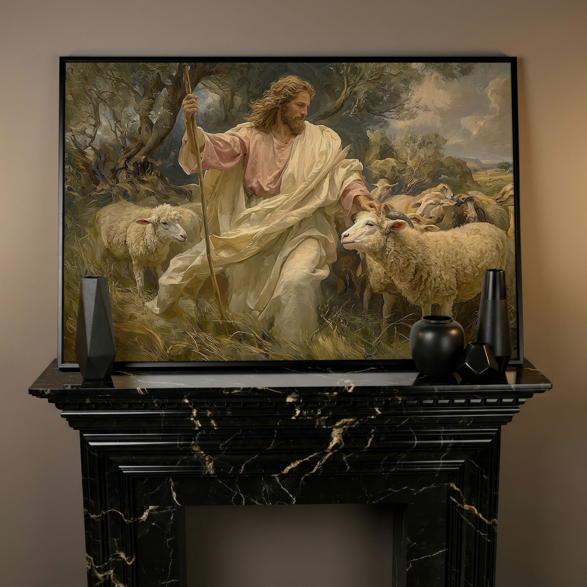 Jesus the Good Shepherd with Sheep, Canvas Wall Art in black floating frame