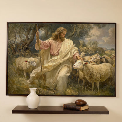 Jesus the Good Shepherd with Sheep, Canvas Wall Art in dark walnut floating frame