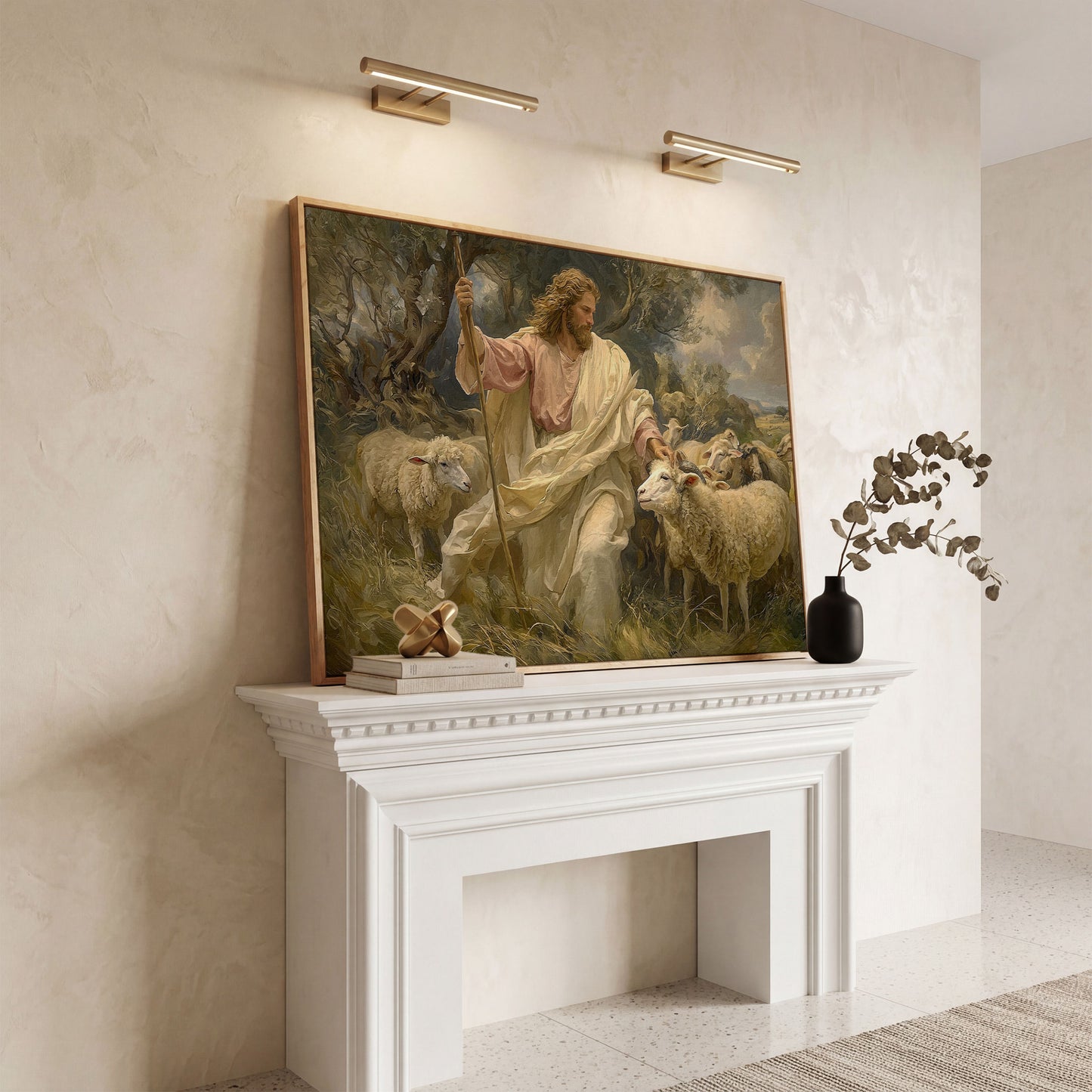 Jesus the Good Shepherd with Sheep, Canvas Wall Art in white oak floating frame