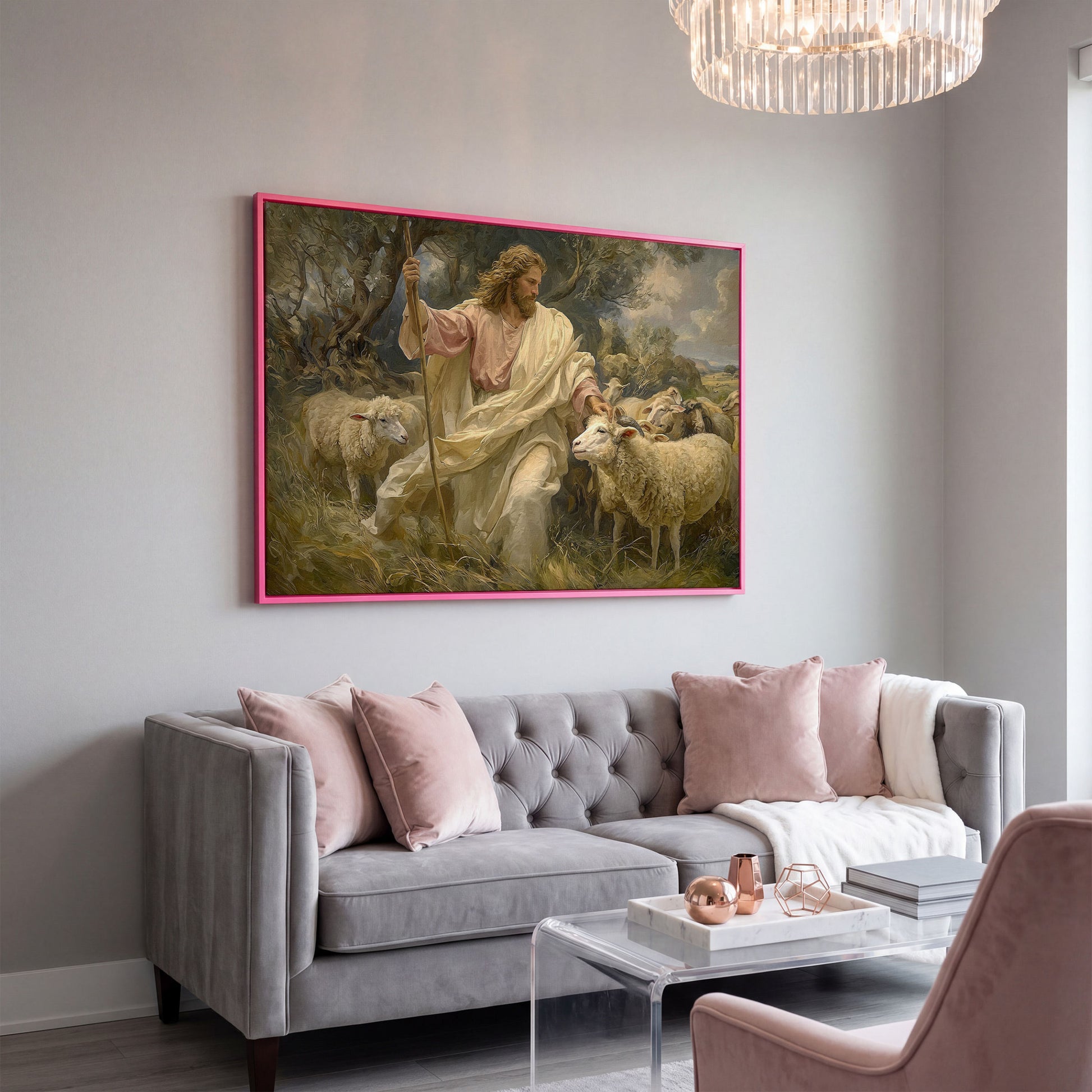 Jesus the Good Shepherd with Sheep, Canvas Wall Art in pink floating frame