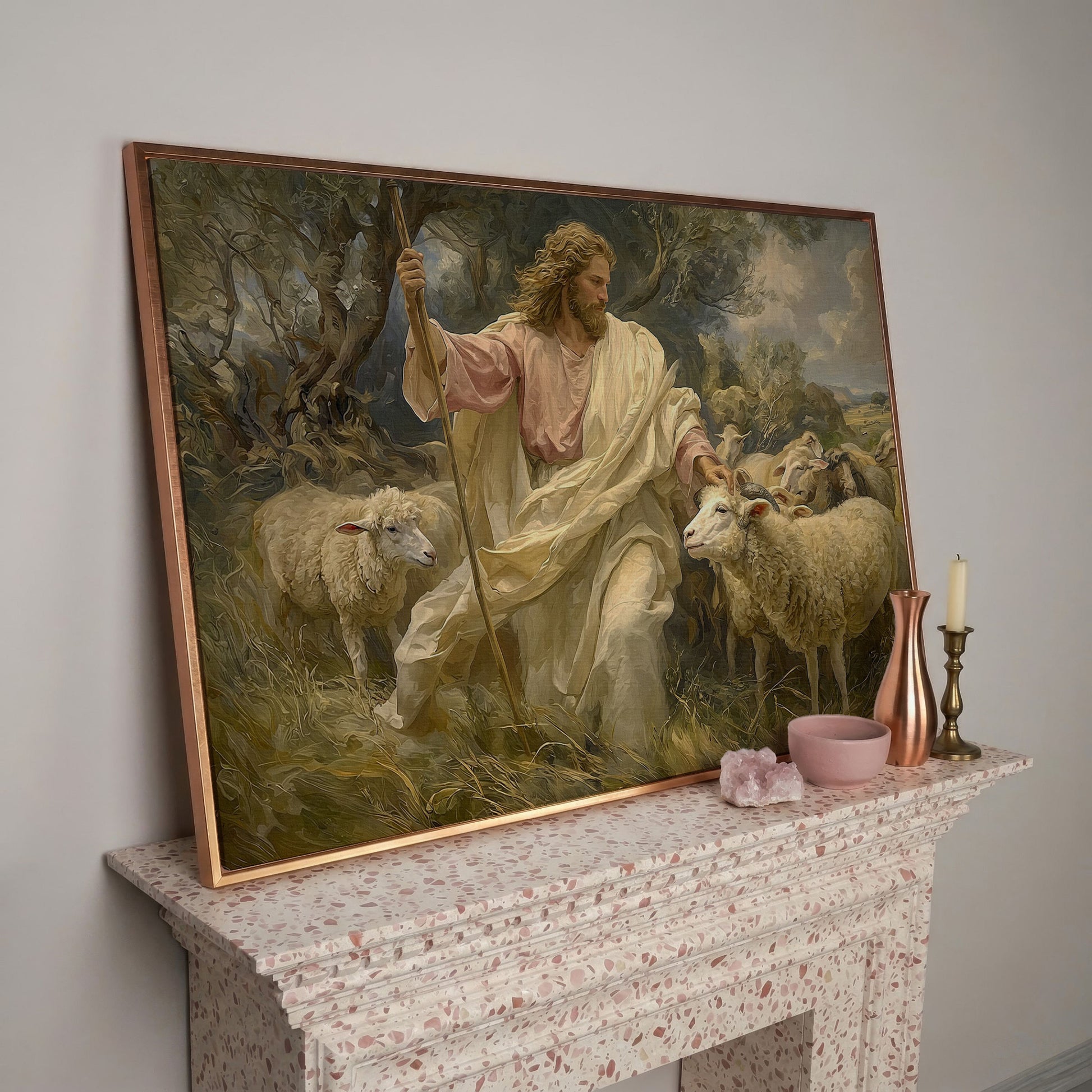 Jesus the Good Shepherd with Sheep, Canvas Wall Art in rose gold floating frame