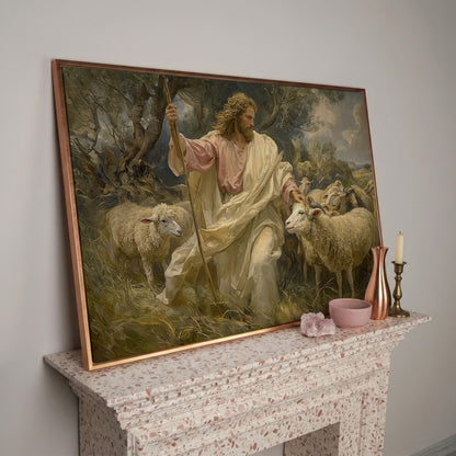 Jesus the Good Shepherd with Sheep, Canvas Wall Art in rose gold floating frame